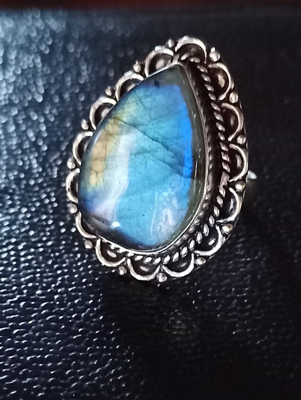 Natural Blue Flash Labradorite Teardrop BOHO Silver Ring Size 7.75